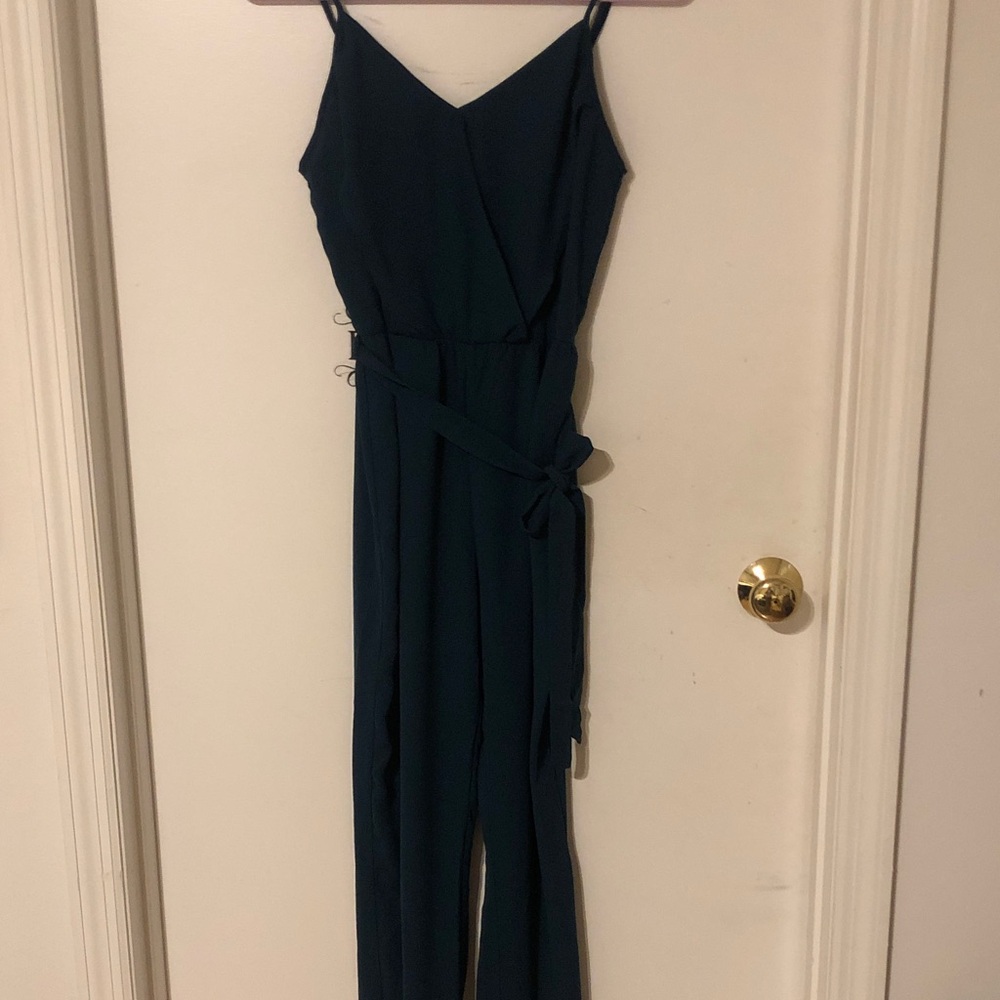 Forever 21 Teal Spaghetti-Strap Jumpsuit with Waist Tie